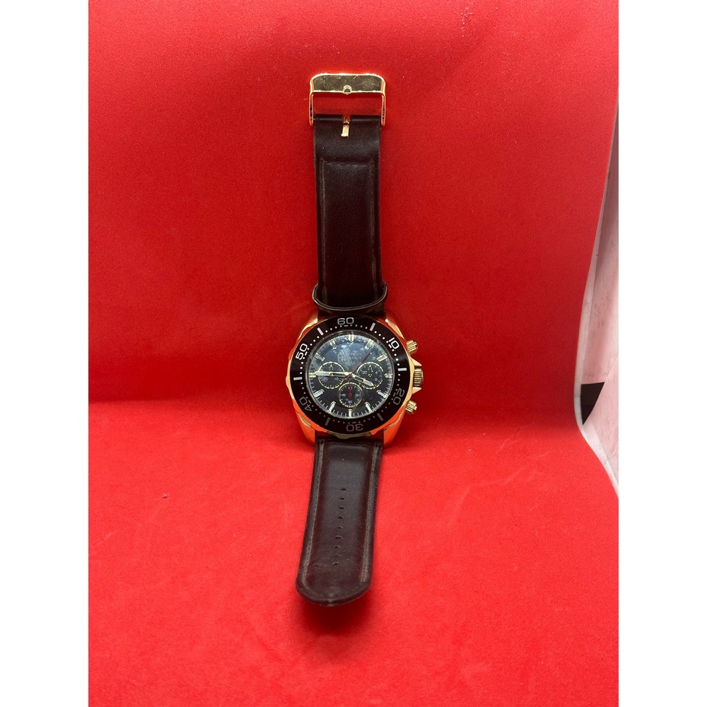 American Exchange Mens Gold Tone Chronograph Style Watch Black Leather Strap - Picture 5 of 14